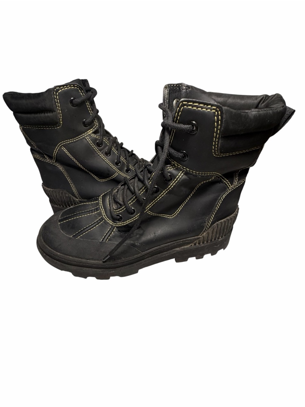 Circus‎ by Sam Edelman Black Waterproof Lug Sole Combat Boots Yellow Stitch Sz 9